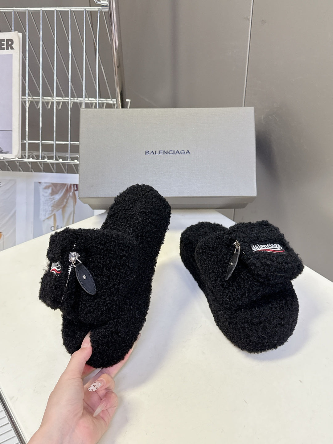 Balenciaga black fuzzy slide sandals with silver zipper hardware
