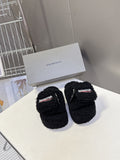 Balenciaga black fuzzy slide sandals with embroidered logo strap