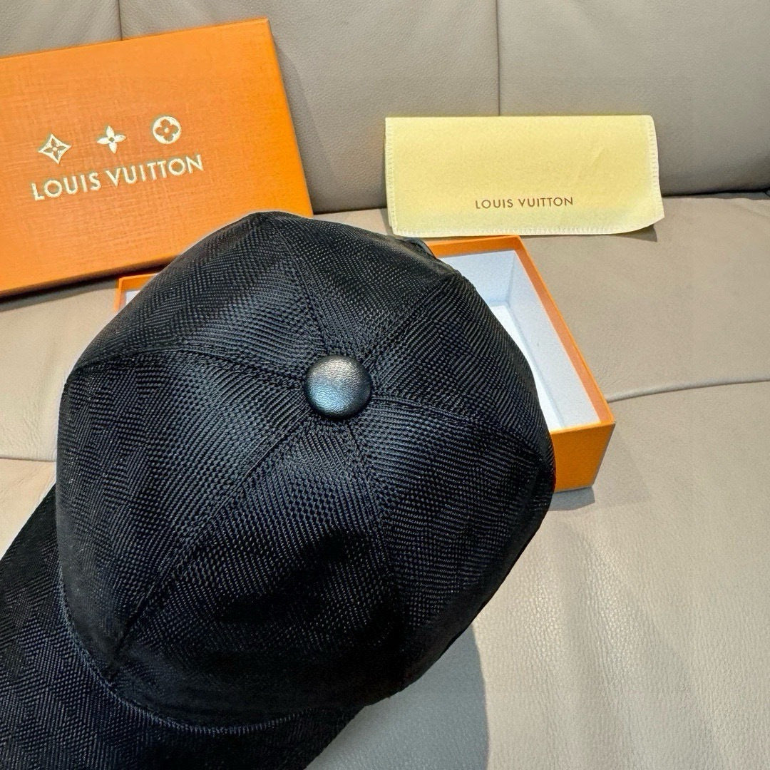 Black Louis Vuitton cap back view with textured crown and small top button