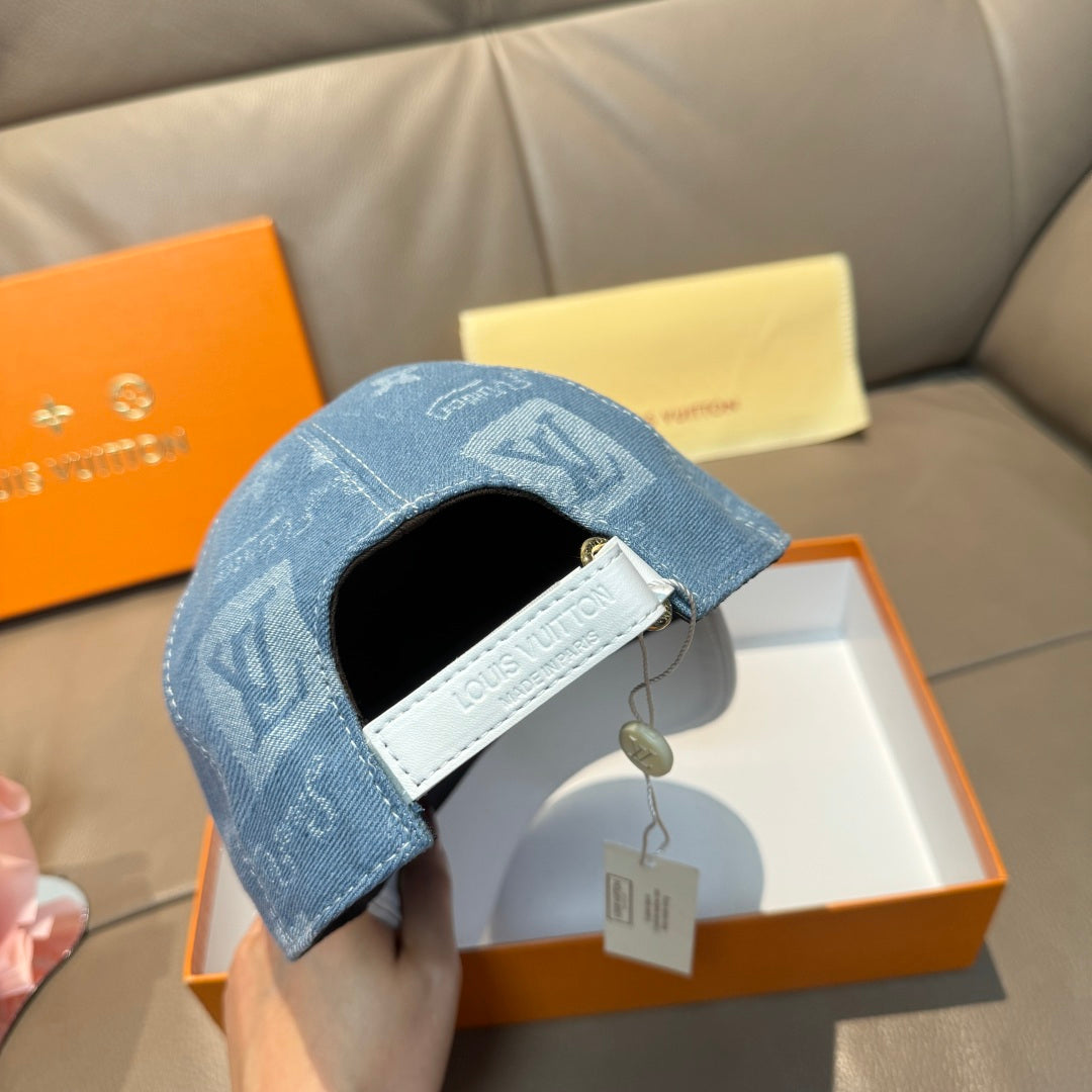 Louis Vuitton cap interior view: blue monogram shell with white inner strap
