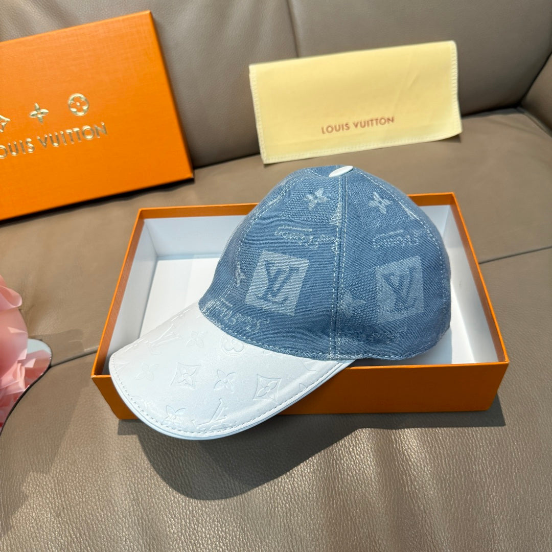 Louis Vuitton cap in blue with repeating monogram print and white front panel
