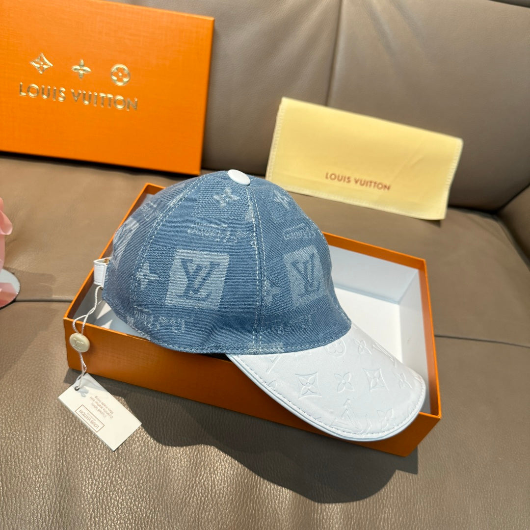 Louis Vuitton denim cap with blue top and white underside, monogram logo print