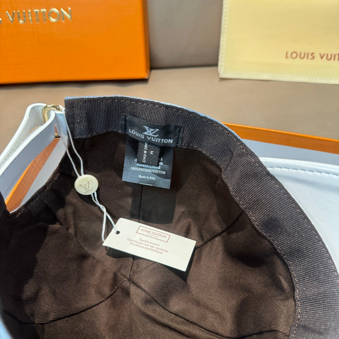 Louis Vuitton cap interior with fabric label and stitched brim edge, dark lining
