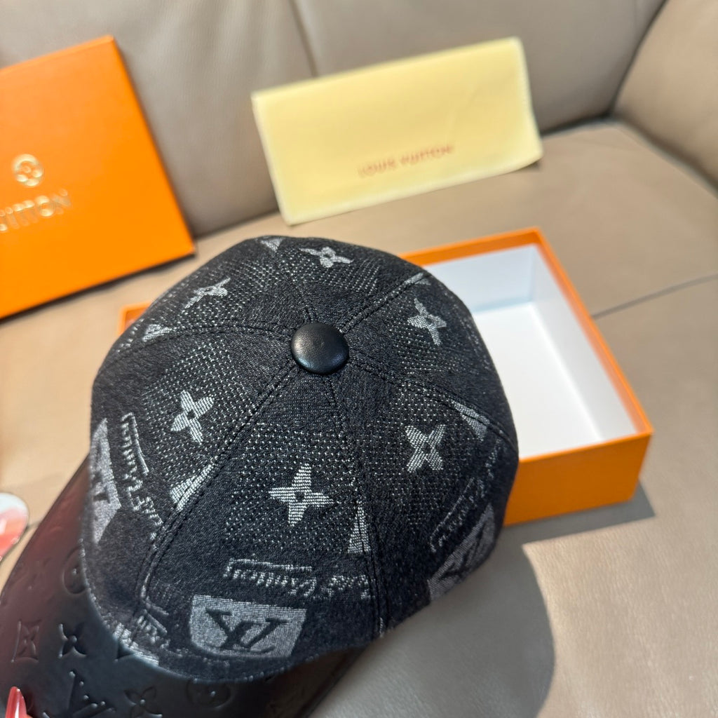 Louis Vuitton monogram baseball cap top view with round button on dark fabric