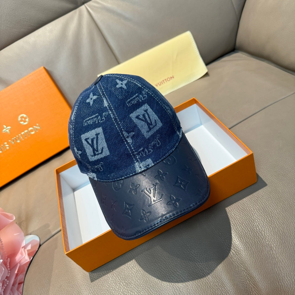 Louis Vuitton denim monogram baseball cap, dark blue with stitched logo pattern
