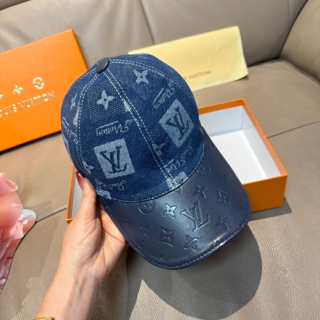 Louis Vuitton denim monogram baseball cap, blue with front panel logos and curved brim