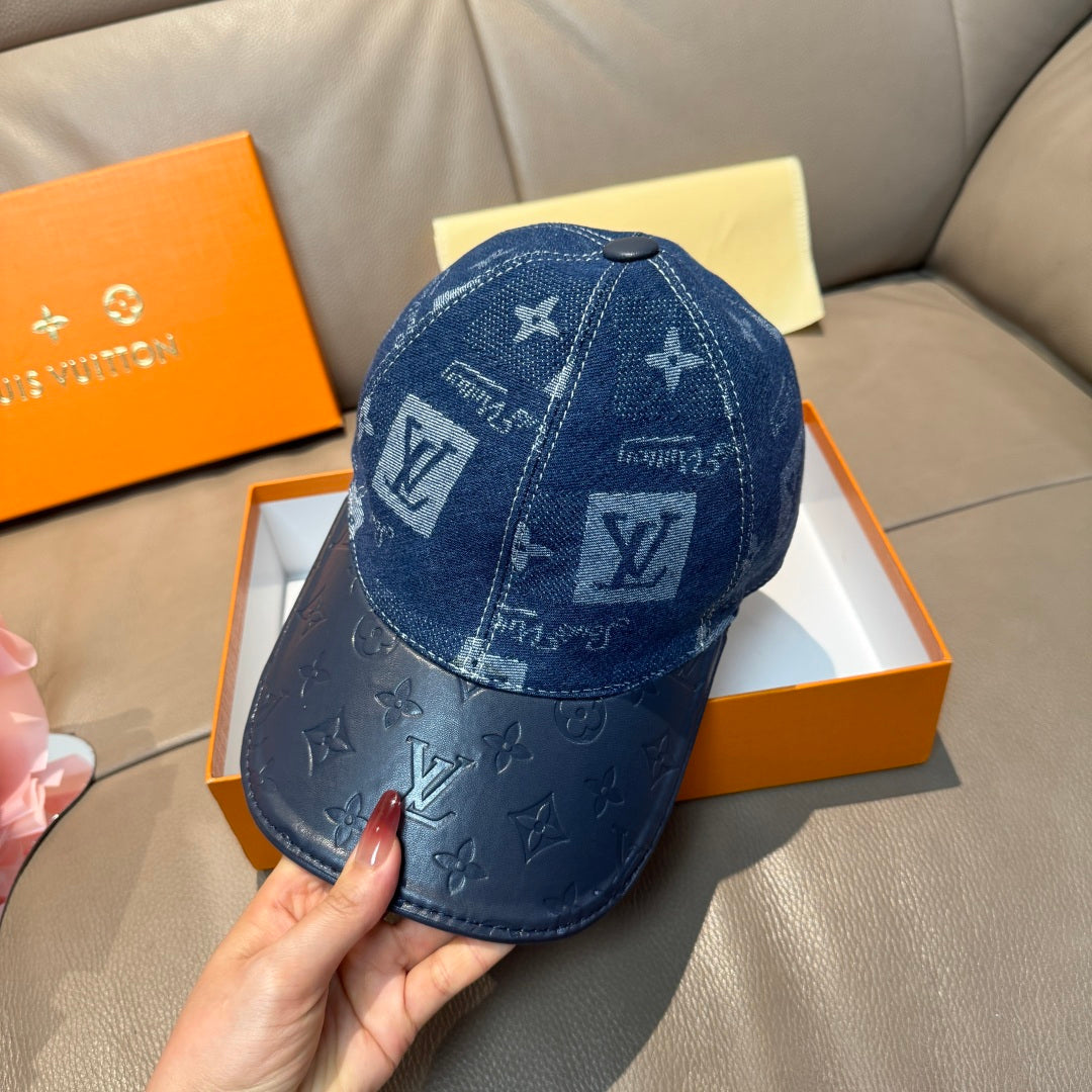 Louis Vuitton denim monogram baseball cap, blue with top button and side emblem details