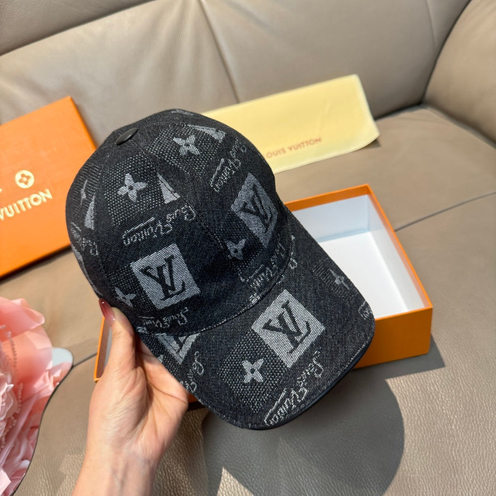 Black monogram baseball cap, side view, LV-style motifs