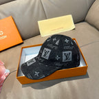 Black monogram baseball cap, curved brim, LV-style patch detail