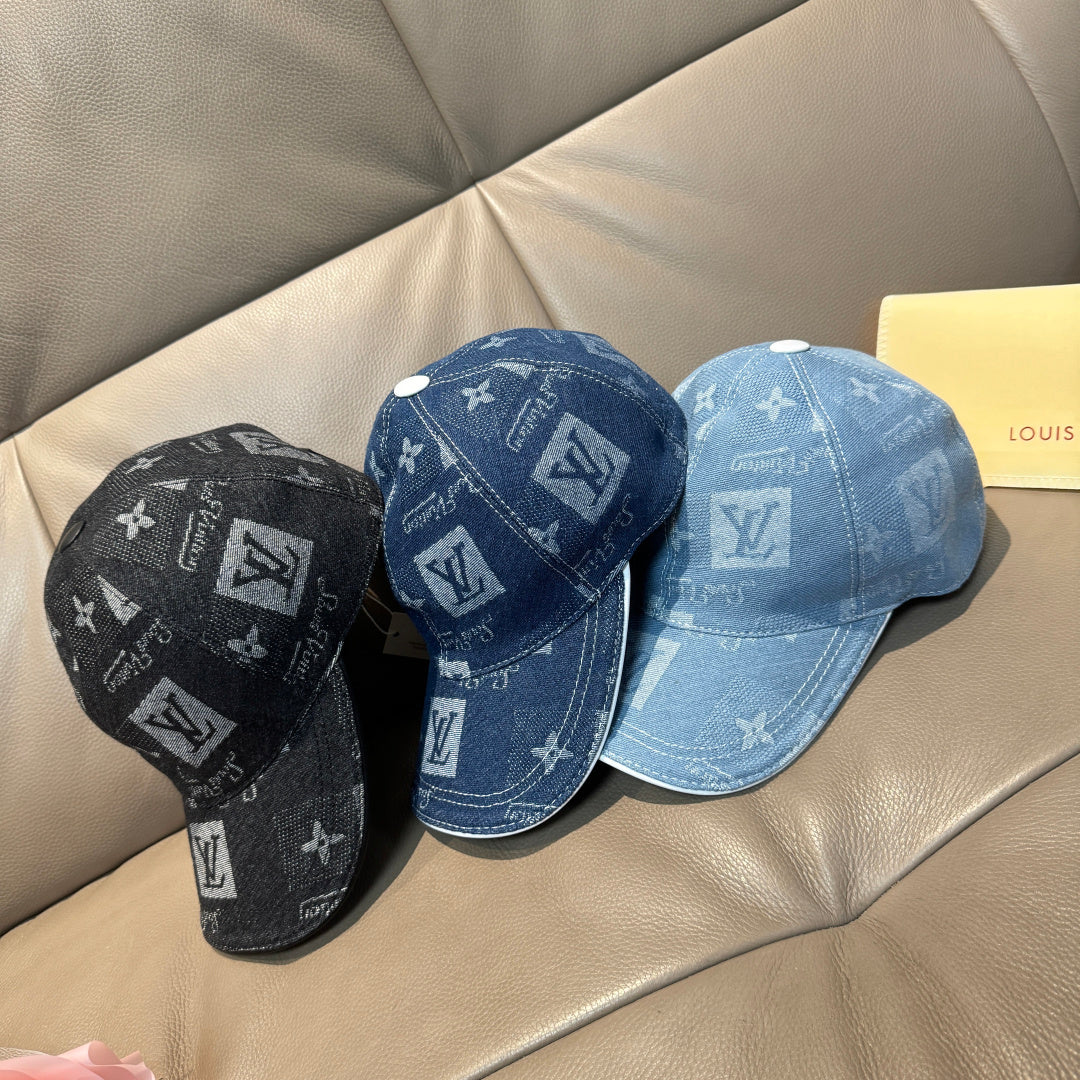 Set of Louis Vuitton caps: one black and two blue monogram-print denim caps