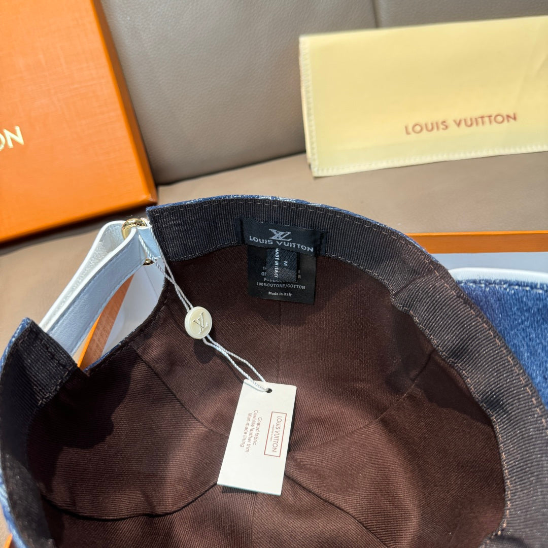 Denim monogram baseball cap interior with adjustable strap and hanging tag