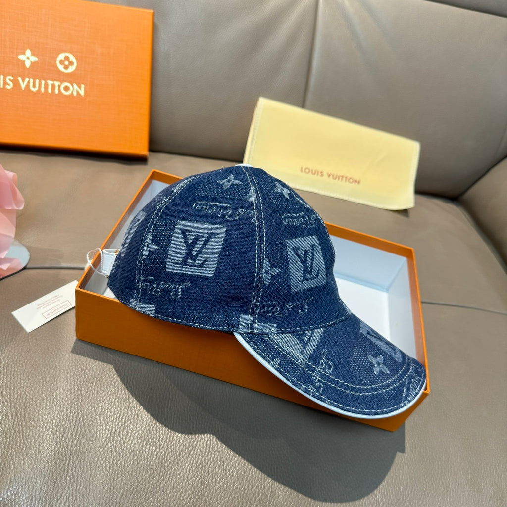 Denim blue monogram baseball cap with side logo blocks and curved brim
