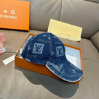 Denim blue monogram baseball cap with side logo blocks and curved brim