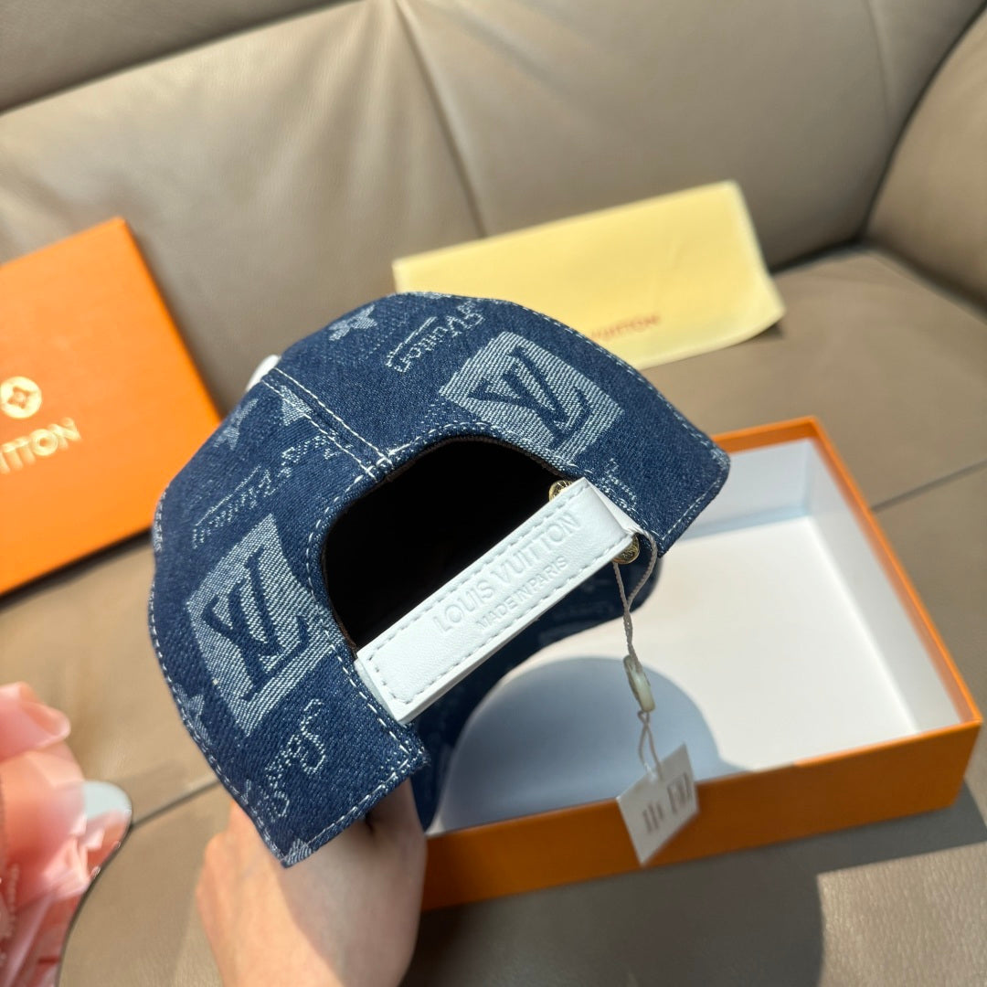 Denim blue monogram baseball cap with patch label on the brim