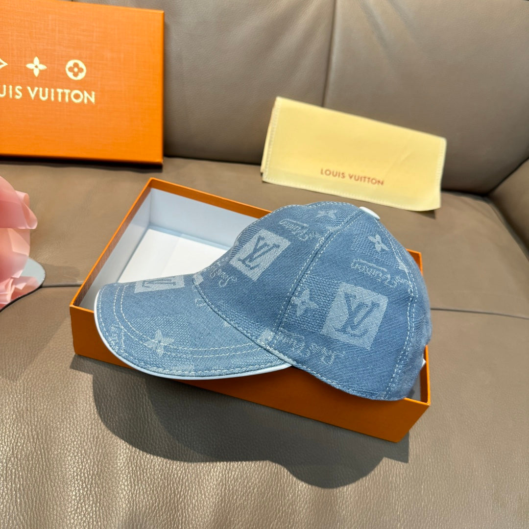 Louis Vuitton blue denim cap with light monogram print, side view and curved brim