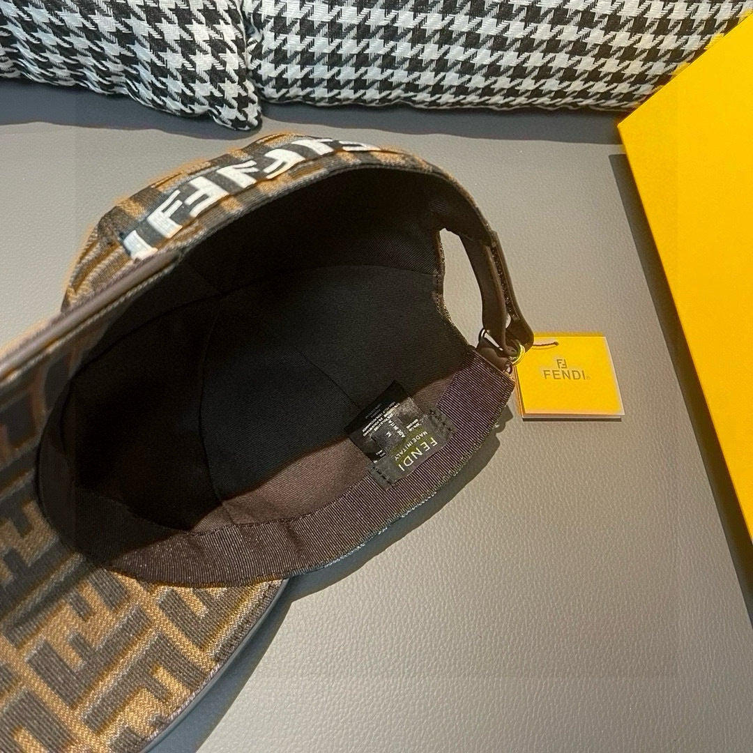Inside view of logo baseball cap with brown/tan FF fabric and curved brim