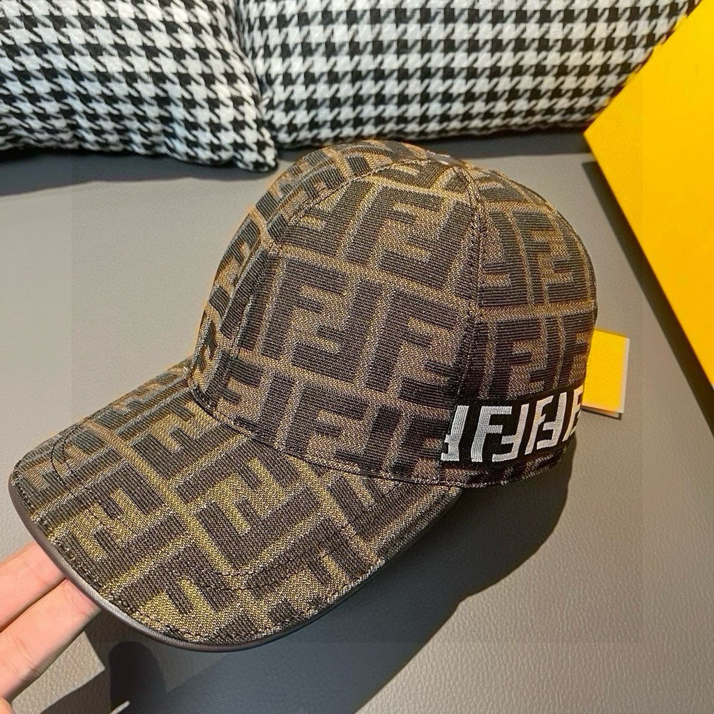 Brown/tan FF monogram baseball cap with curved brim and snap top button