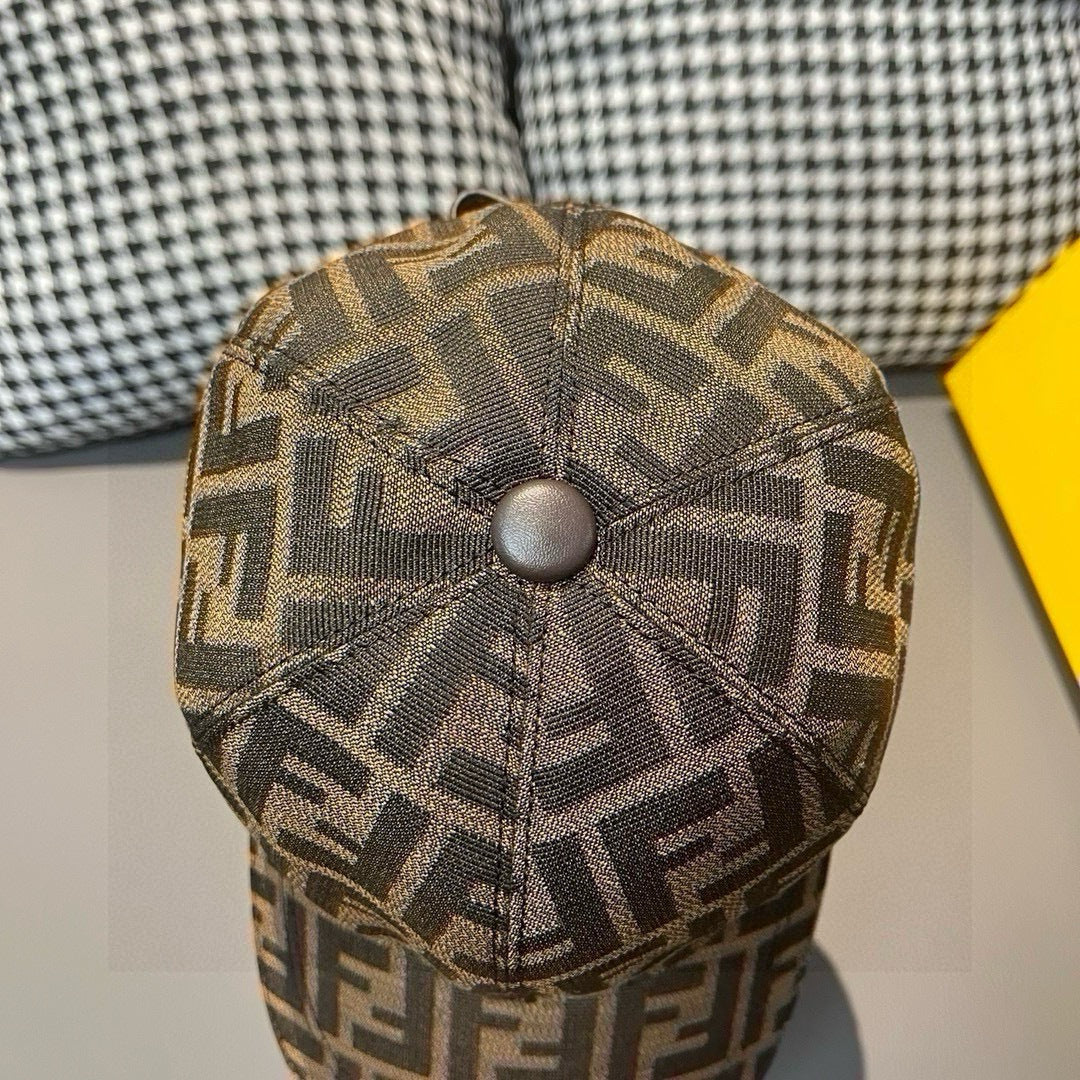 FF monogram baseball cap with top button and brown/tan geometric pattern