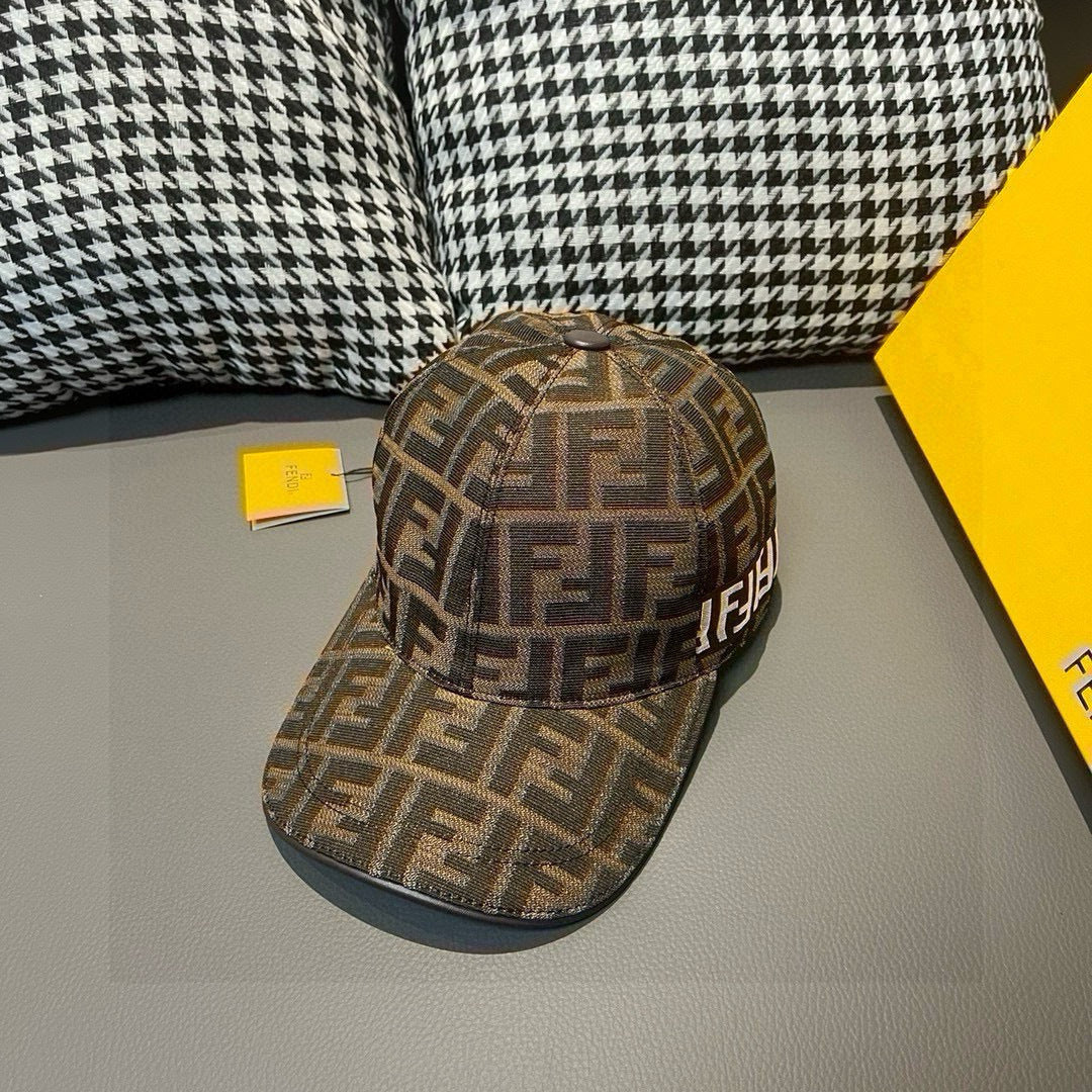 Logo baseball cap with brown/tan FF pattern and curved brim