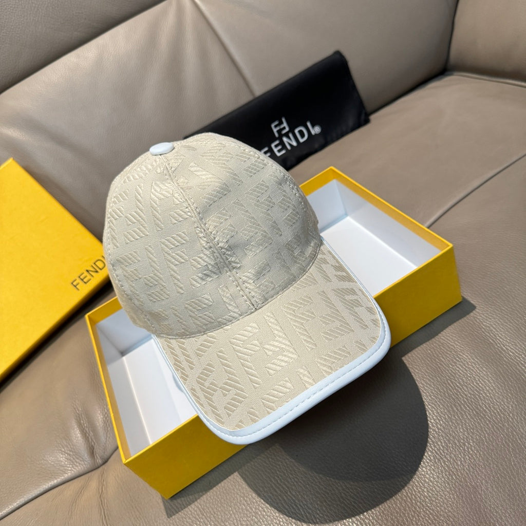 Fendi cap in light cream with allover logo pattern and curved brim.