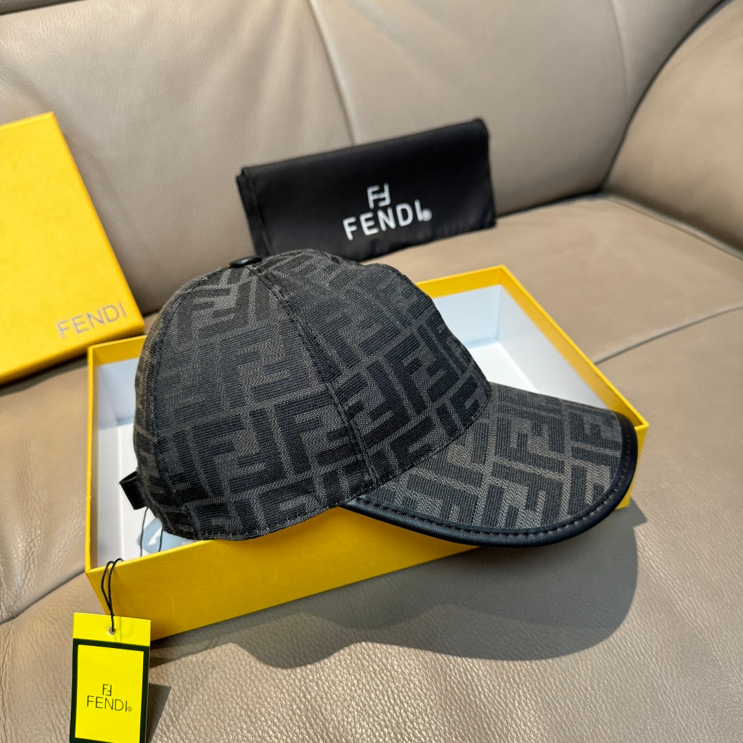 Fendi monogram baseball cap with black brim, dark gray crown, angled view