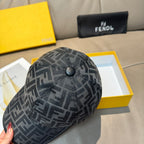 Fendi monogram baseball cap, dark gray crown with centered top button, close-up