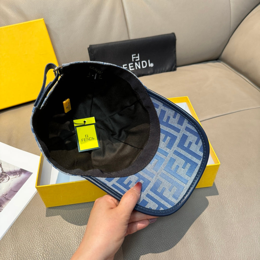 Blue FENDI monogram cap with black interior and curved brim edge