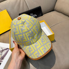 Fendi cap in light blue and yellow FF monogram with tan-brown brim edge