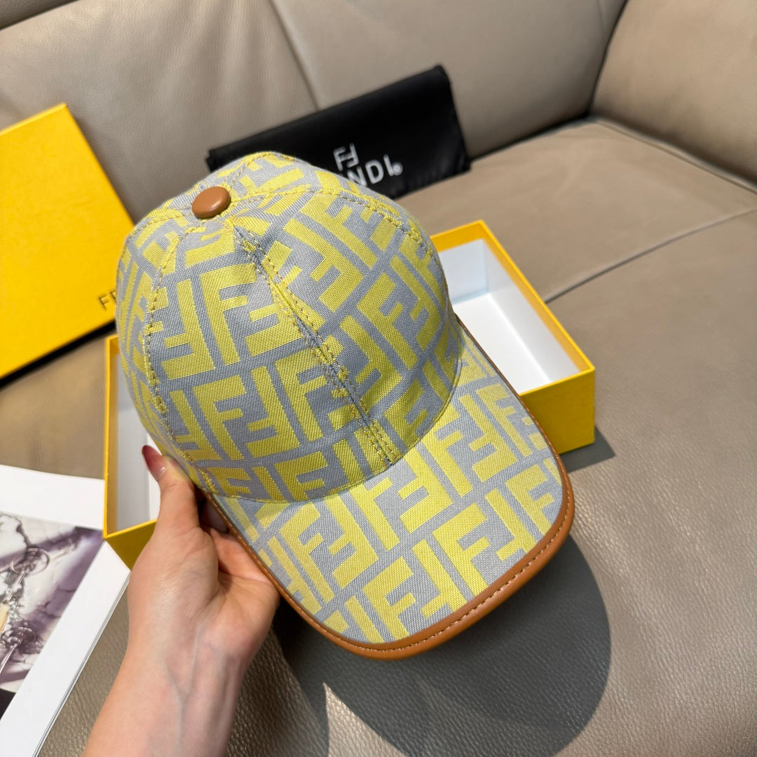 Fendi cap in light blue and yellow FF monogram with tan-brown brim edge