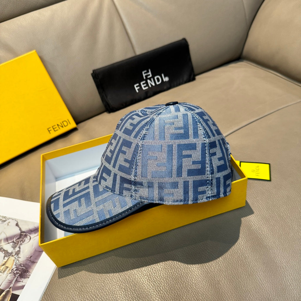Blue FENDI monogram baseball cap with curved brim, front panel shown