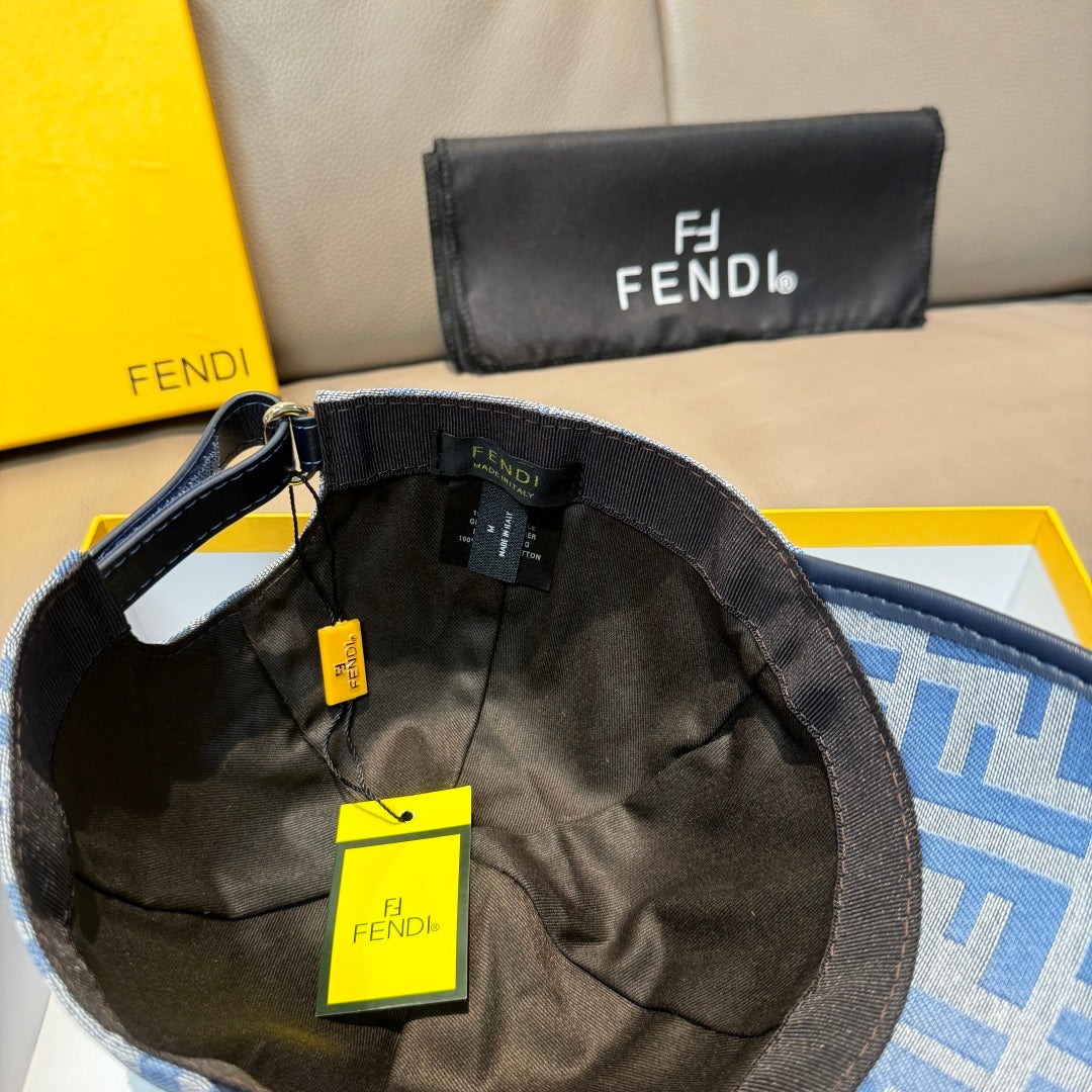 Blue FENDI monogram cap interior view with black lining and tags