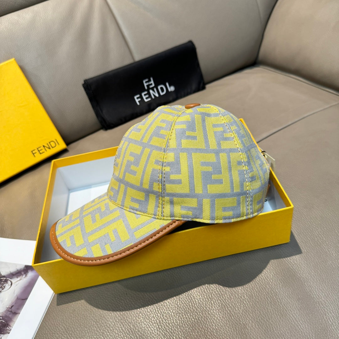 Fendi cap in yellow and blue FF monogram print with tan leather-look brim