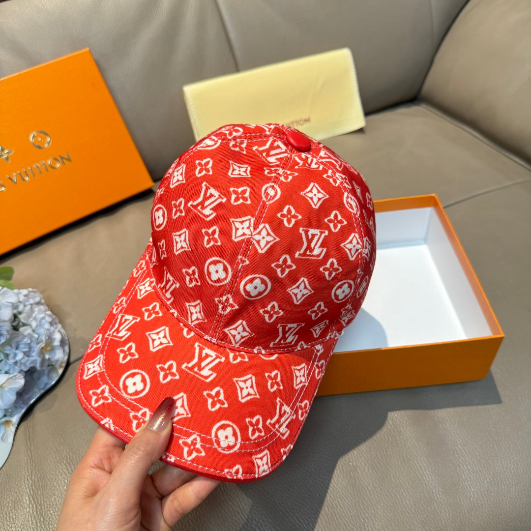 Louis Vuitton red monogram baseball cap, shown from back with curved brim