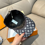 Louis Vuitton cap interior view, black brim edge with white monogram trim.
