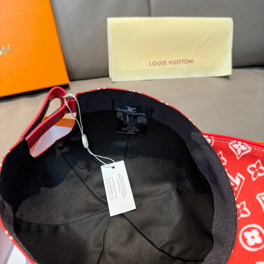 Louis Vuitton red monogram cap interior with black lining and hang tag