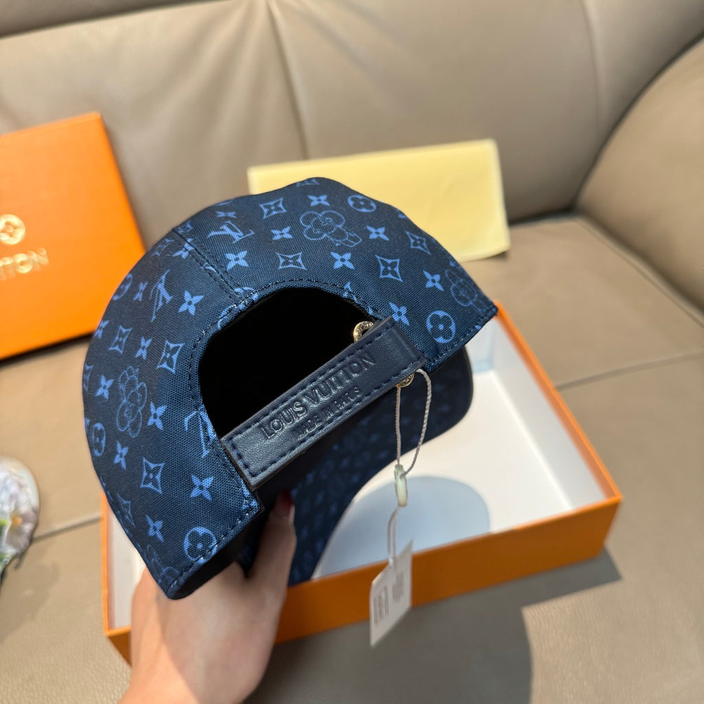 Louis Vuitton monogram cap, blue, open side with strap and interior lining