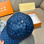 Louis Vuitton monogram baseball cap, blue, top button and center seam detail