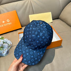 Louis Vuitton monogram baseball cap, blue, side profile with curved brim