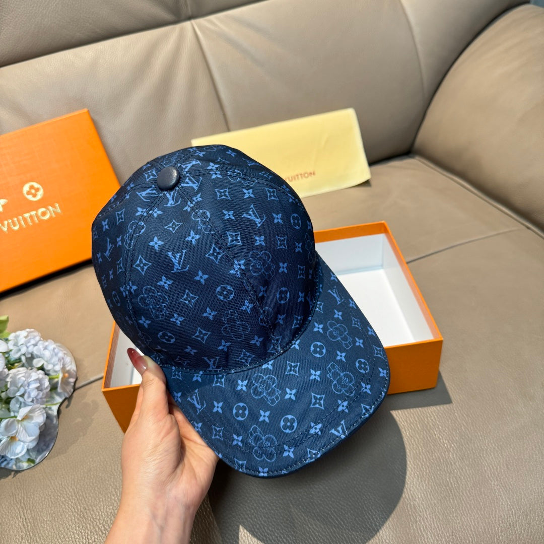 Louis Vuitton monogram cap, blue, front view with adjustable top button