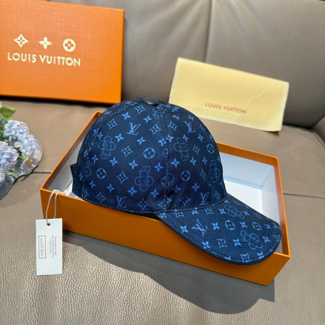 Louis Vuitton monogram cap, blue, curved brim and crown with stitched panel seams