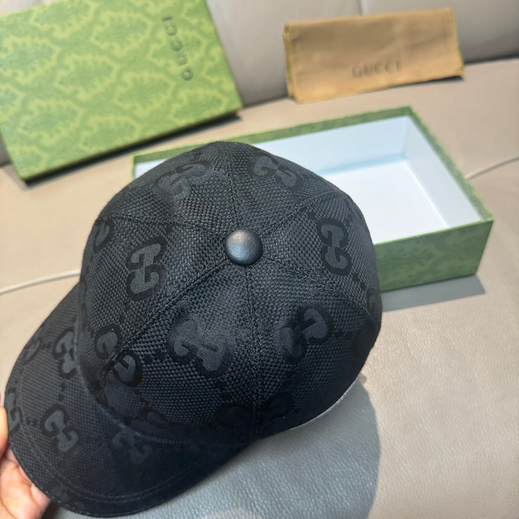 Black Gucci monogram baseball cap back with round button on crown
