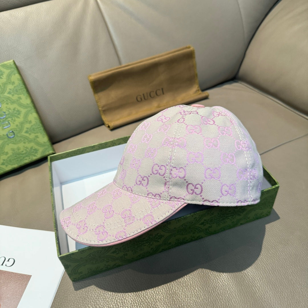 Light pink Gucci GG baseball cap, side view with curved brim and top button