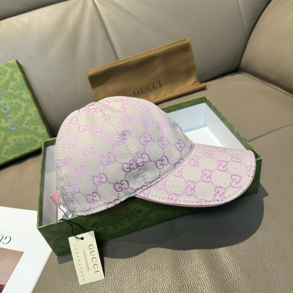Light pink Gucci GG baseball cap, back and side view with curved brim