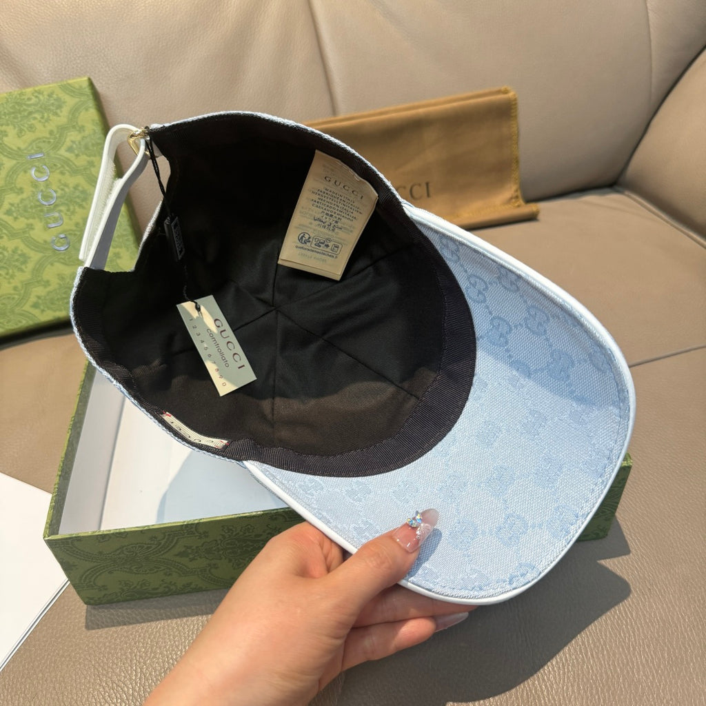 Gucci light blue monogram baseball cap interior view with black lining