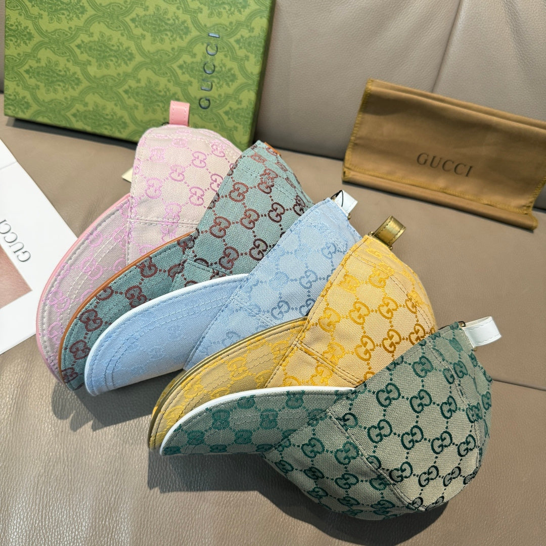 Gucci GG baseball cap set with light pink, blue, yellow, and green styles