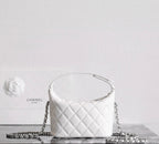 Chanel white quilted mini bag with round top handle and chain strap