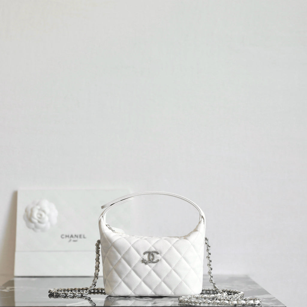 Chanel white quilted mini bag with chain strap and top handle