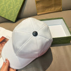 Gucci white cap back view with black top button.