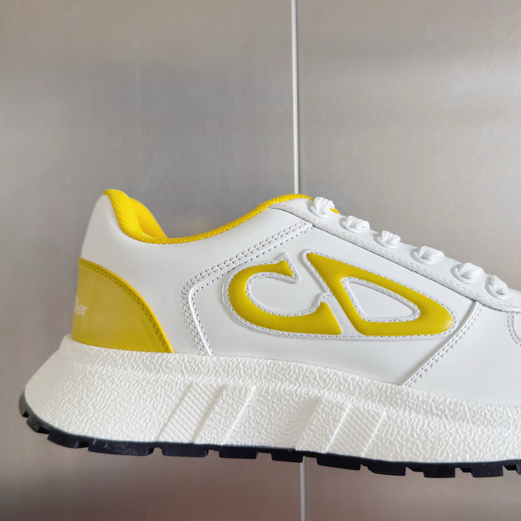 Dior unisex sneaker, white leather with large yellow logo panel and white laces
