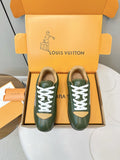 Green low-top sneakers with white laces and LV logo, in orange gift box